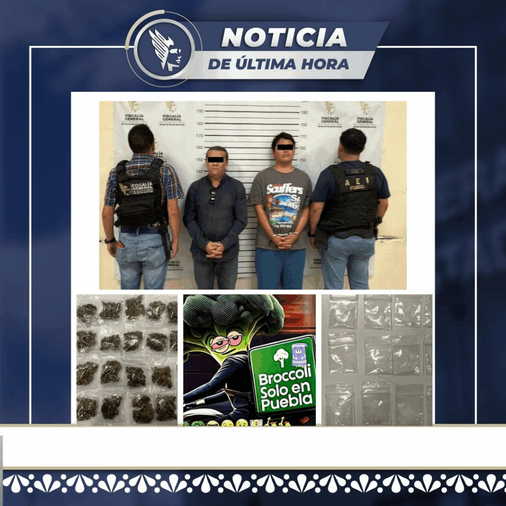 La Fiscalía de Puebla detuvo a dos hombres en la colonia Posadas que ofrecían marihuana y cristal en redes sociales con mensajes como “Brócoli, sólo en Puebla”.